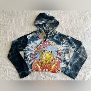 Kathmandu Tie Dye Graphic Hooded LS Shirt Raw Cut Off Hem Cropped Size Medium